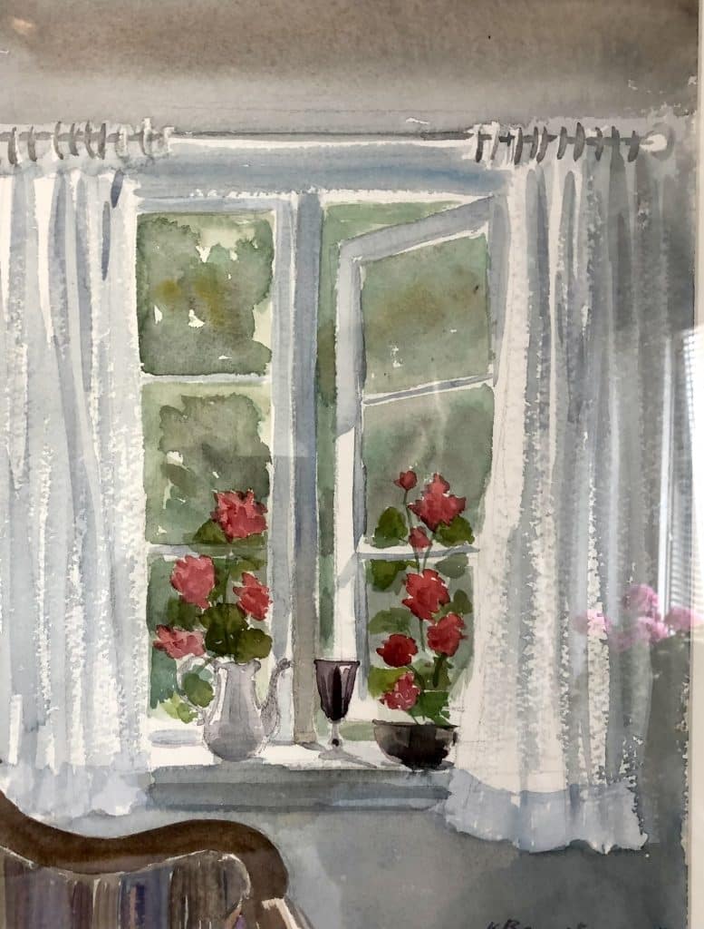 Akvarell av Kaj Bernstone Fönster med blommor.